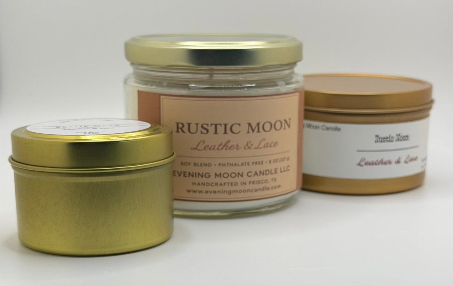 Leather & Lace Scented Soy Candle Rustic Moon for cozy intimate atmosphere - Evening Moon Candle LLC