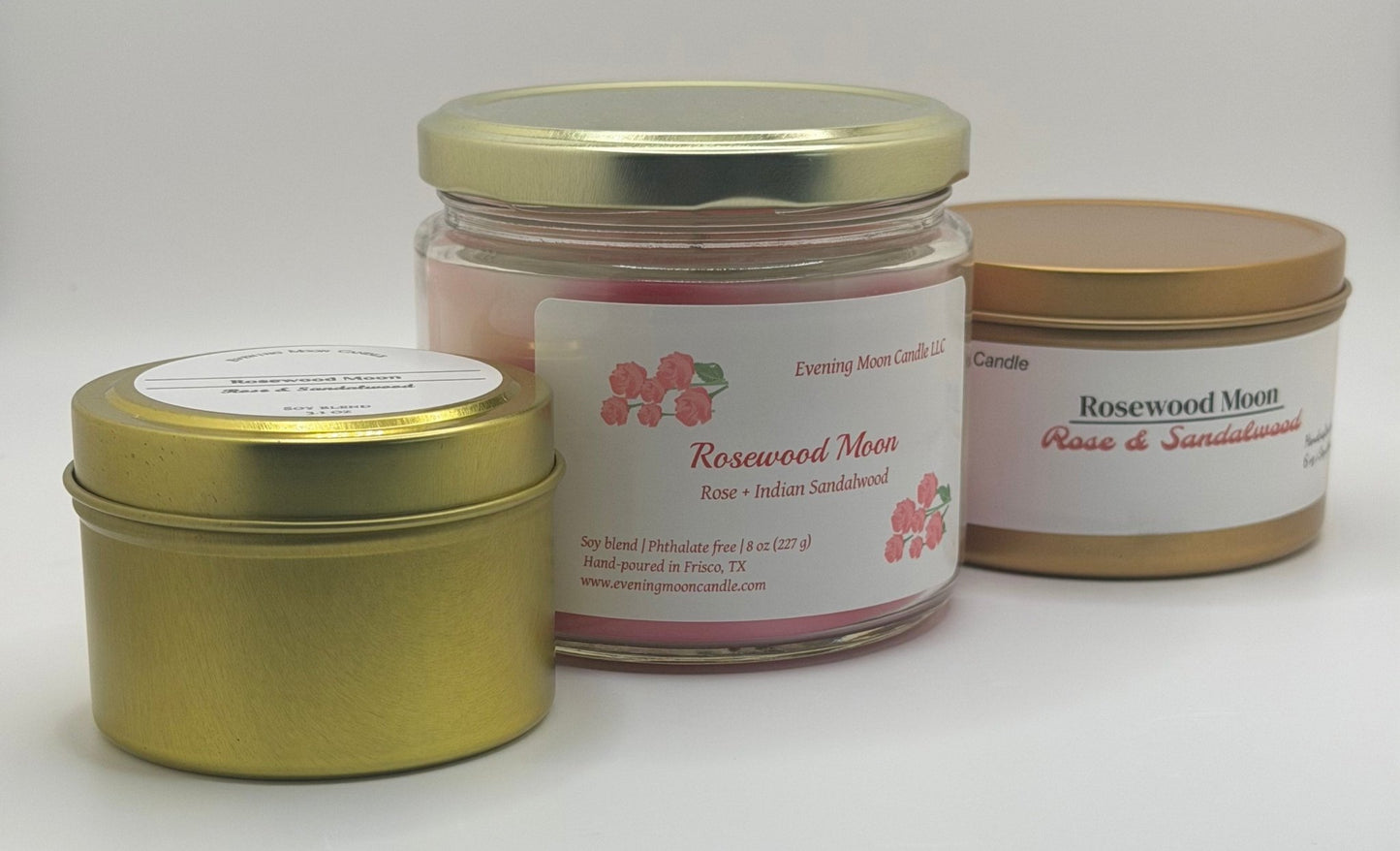 Rose & Sandalwood Soy Blend Scented Candle | Rosewood Moon transforms any space into a sanctuary of love and relaxation - Evening Moon Candle LLC