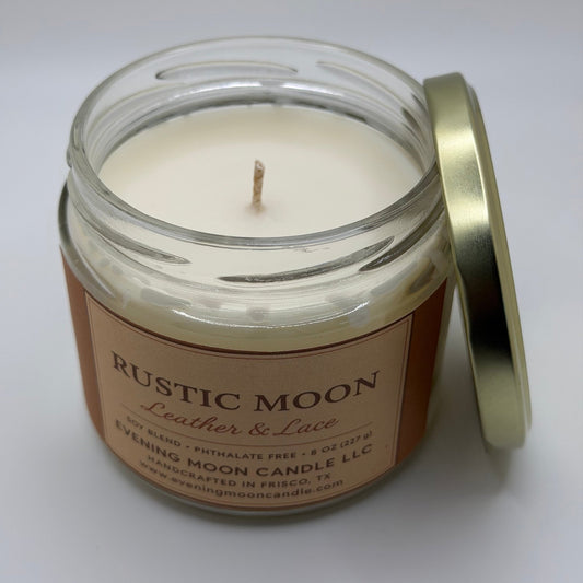Leather & Lace Scented Soy Candle Rustic Moon for cozy intimate atmosphere - Evening Moon Candle LLC