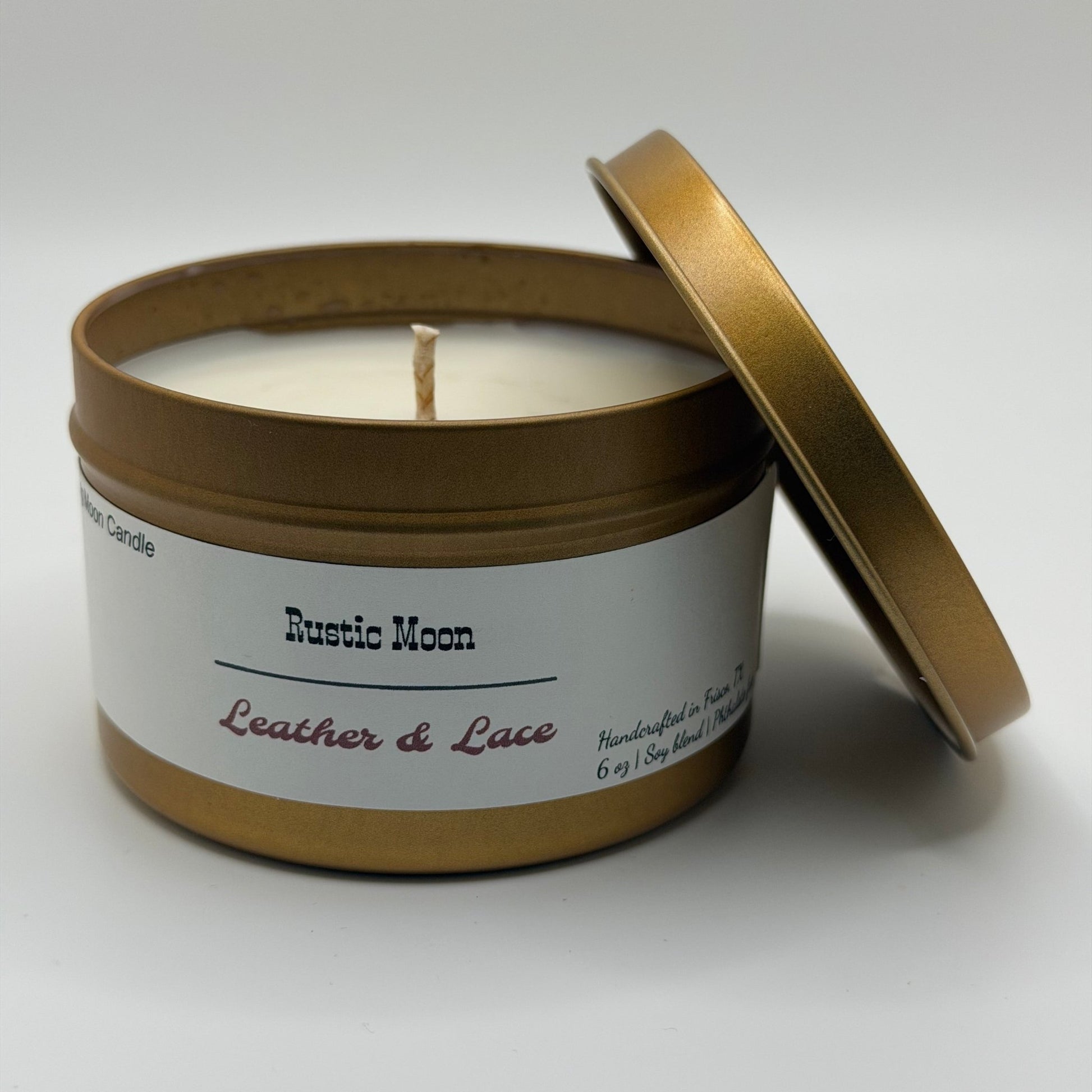 Leather & Lace Scented Soy Candle Rustic Moon for cozy intimate atmosphere - Evening Moon Candle LLC