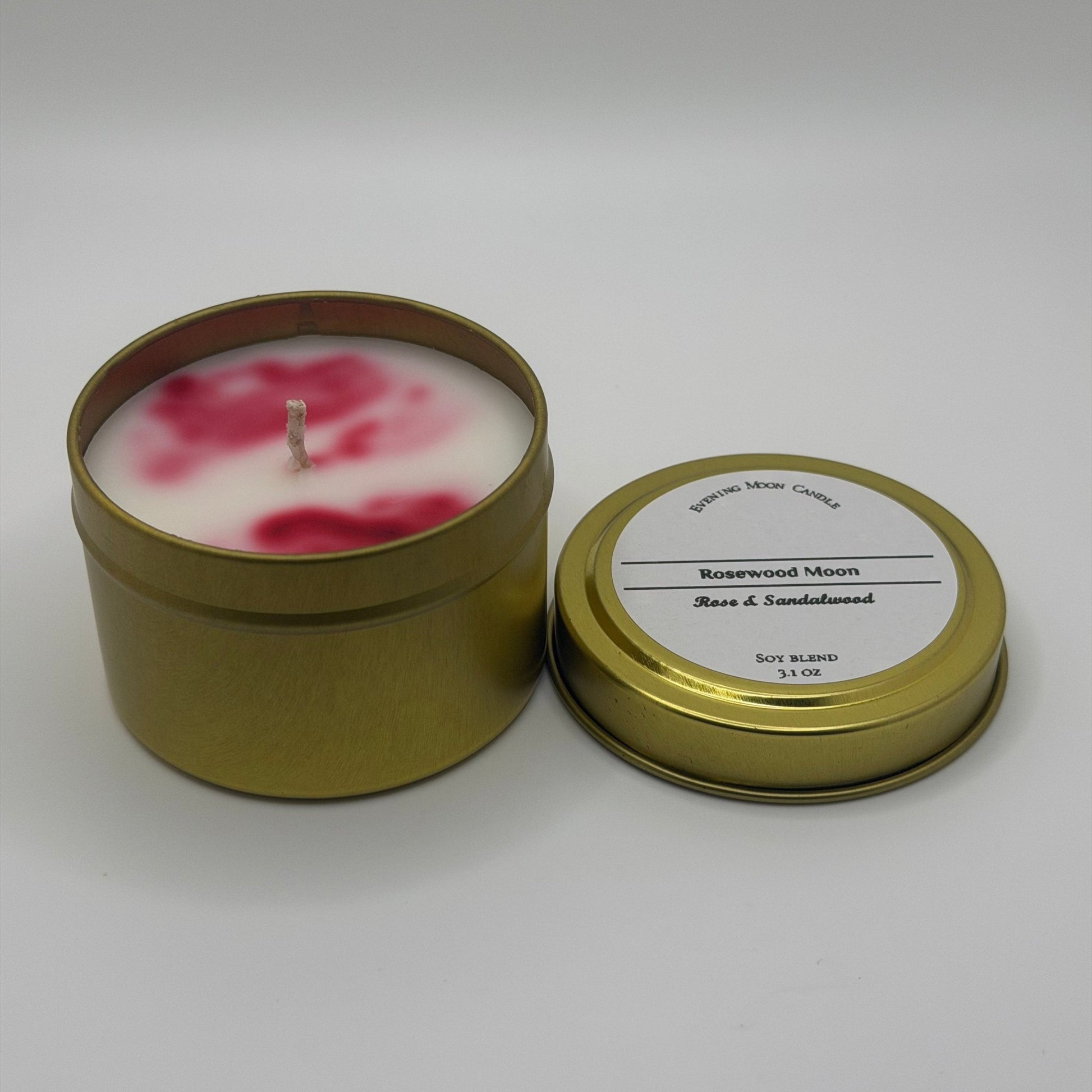 Rose & Sandalwood Soy Blend Scented Candle | Rosewood Moon transforms any space into a sanctuary of love and relaxation - Evening Moon Candle LLC