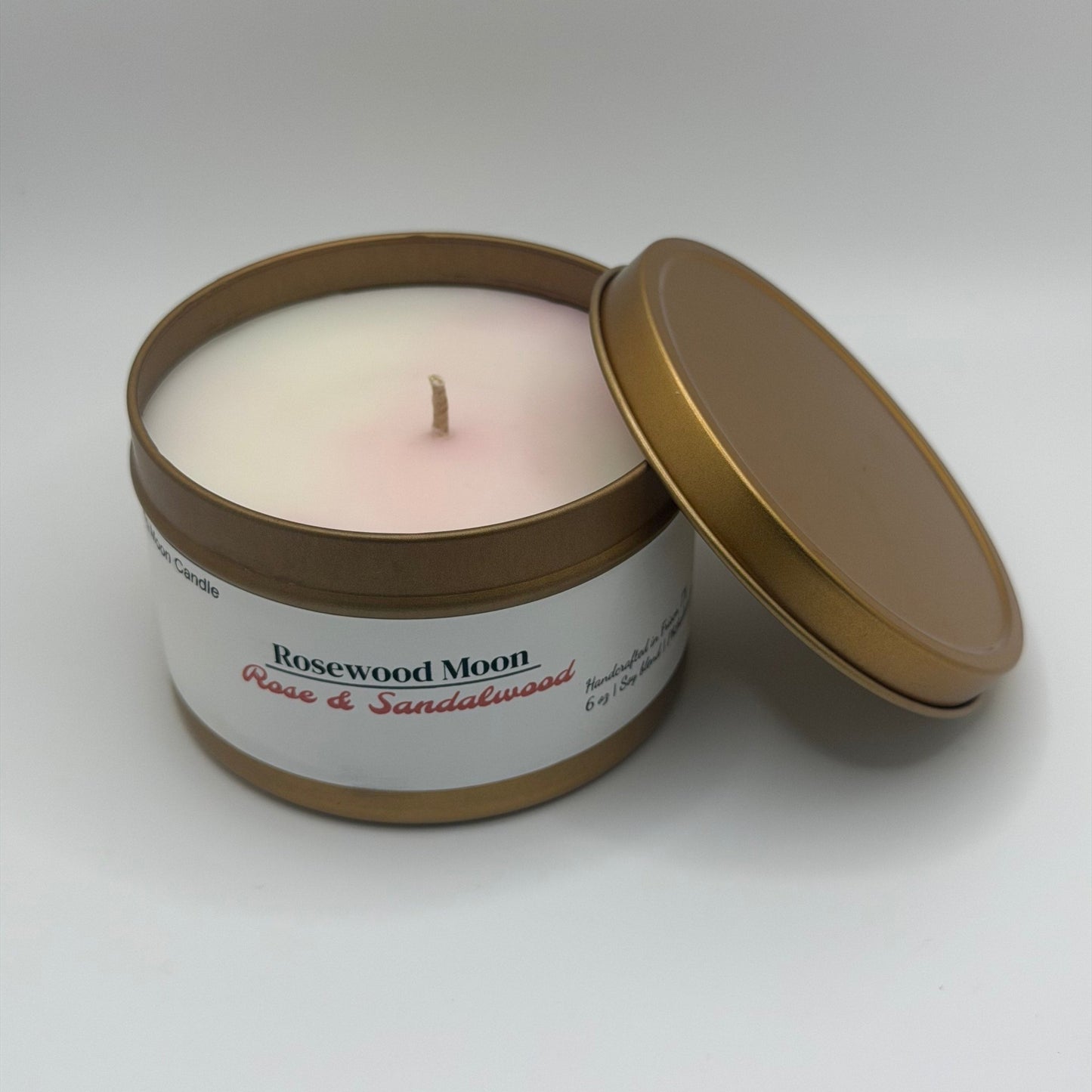 Rose & Sandalwood Soy Blend Scented Candle | Rosewood Moon transforms any space into a sanctuary of love and relaxation - Evening Moon Candle LLC