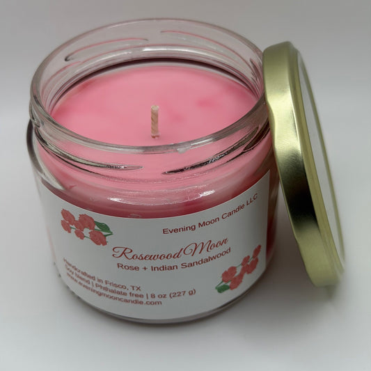 Rose & Sandalwood Soy Blend Scented Candle | Rosewood Moon transforms any space into a sanctuary of love and relaxation - Evening Moon Candle LLC