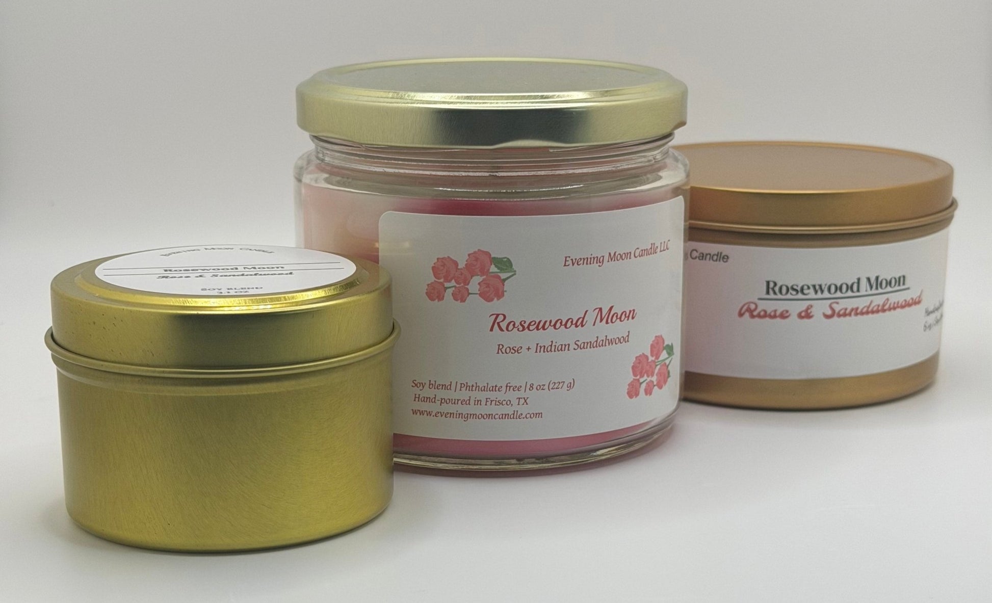Rose & Sandalwood Soy Blend Scented Candle | Rosewood Moon transforms any space into a sanctuary of love and relaxation - Evening Moon Candle LLC