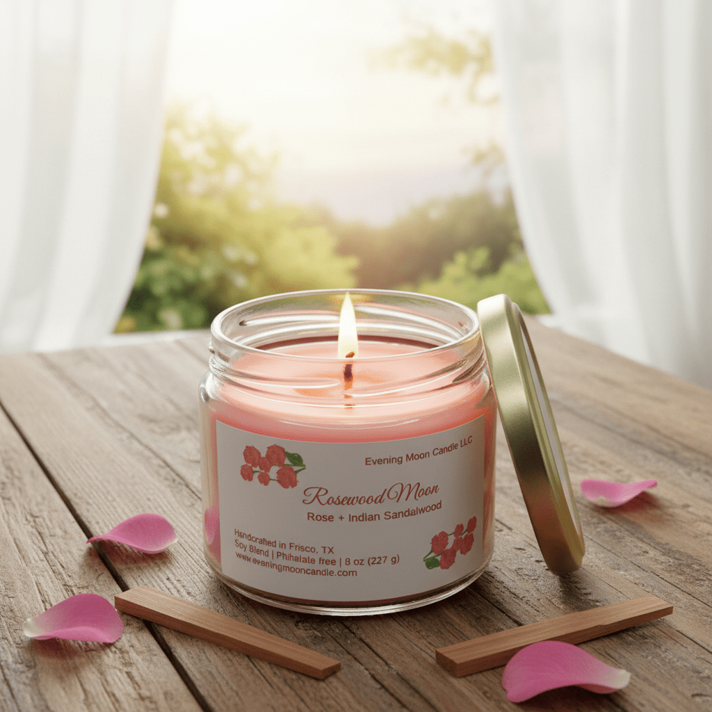 Rosewood Moon - Rose petals with Indian Sandalwood for Relaxation & Romance - Evening Moon Candle LLC